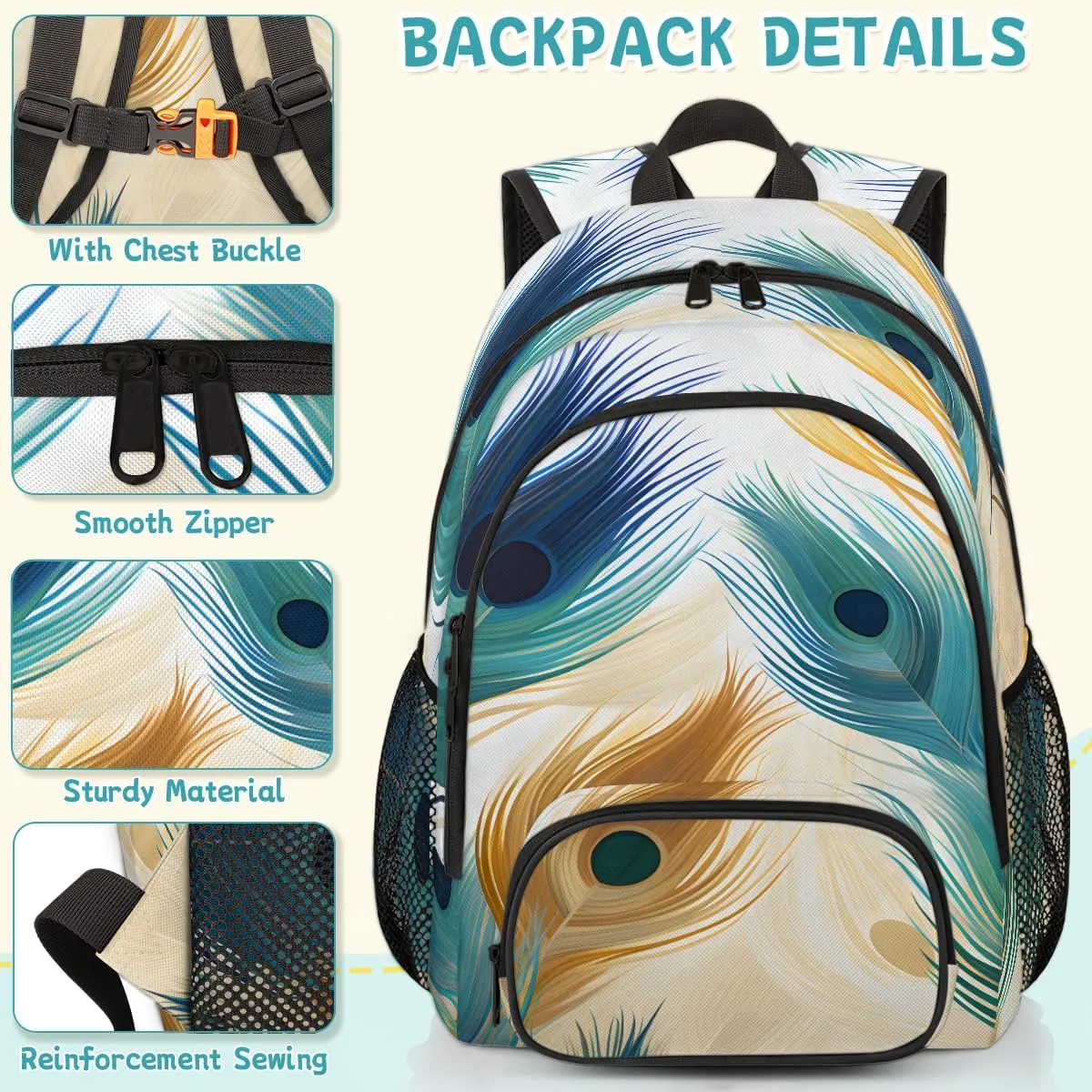 Colorful Peacock Feather Carry on Travel Backpack for Women Men Water resistant Lightweight Rucksack Backpack for Weekender Casual Work Hiking Boho
