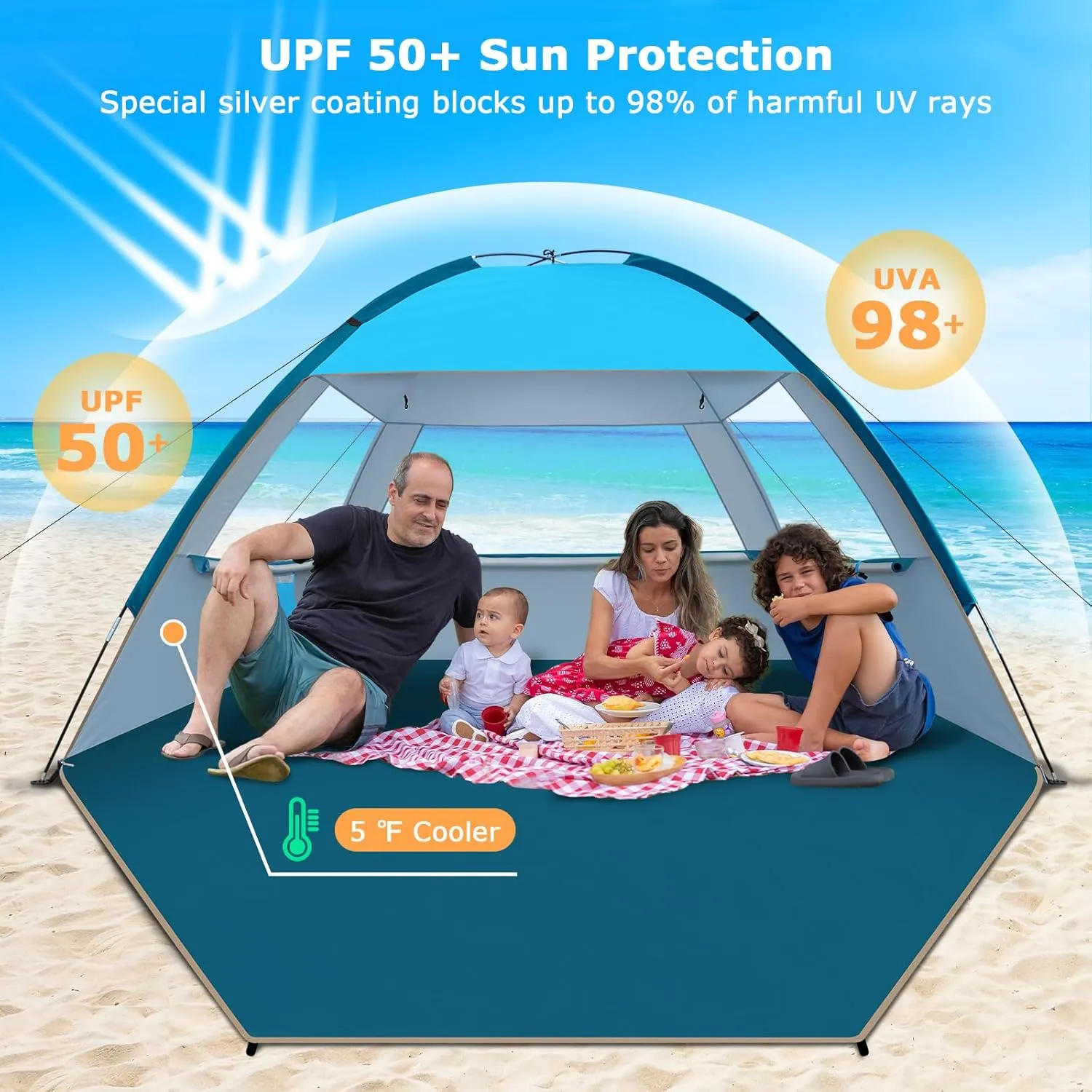 COMMOUDS Beach Tent Sun Shade for 3/4-5/6-7/8-10 Person, UPF 50  Beach Sun Shelter Canopy Tent, Lightweight, Easy Set Up and Carry