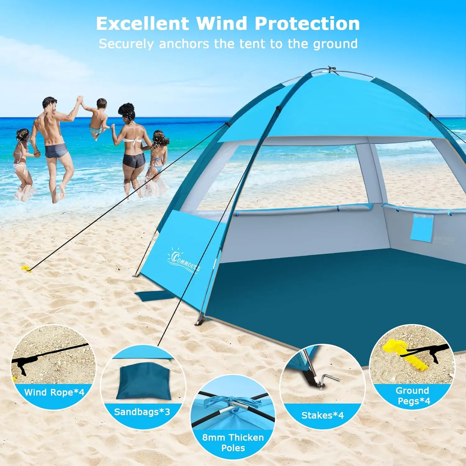 COMMOUDS Beach Tent Sun Shade for 3/4-5/6-7/8-10 Person, UPF 50  Beach Sun Shelter Canopy Tent, Lightweight, Easy Set Up and Carry