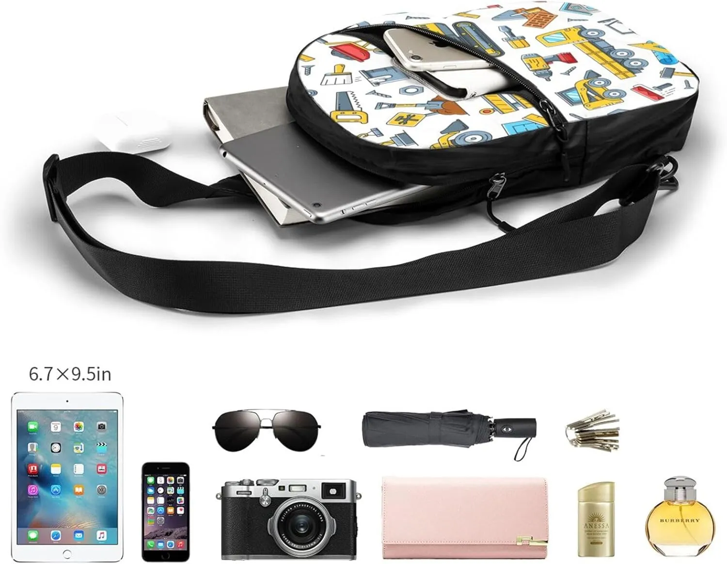 Construction Tools Machinery Sling Bag for Men Women, Small Crossbody Sling Backpack Shoulder Chest Bag, Anti Theft Travel Hiking Sports