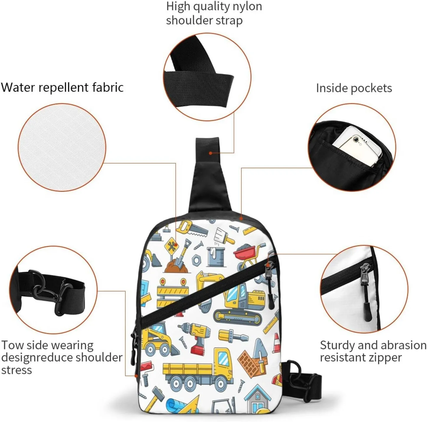 Construction Tools Machinery Sling Bag for Men Women, Small Crossbody Sling Backpack Shoulder Chest Bag, Anti Theft Travel Hiking Sports