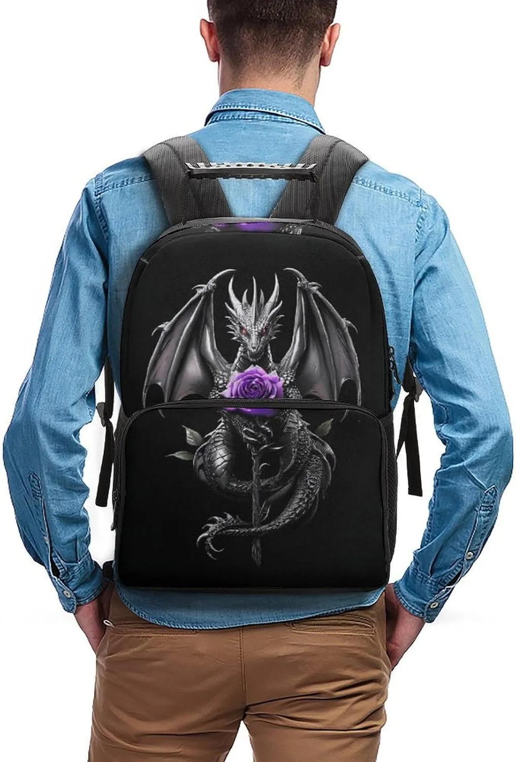 Cool Dragon Purple Rose Black Daypack Lightweight Multipurpose Anti-Theft Shoulder Bag Large Capacity Laptop Book Bag Rucksack With Adjustable Shoulder Straps