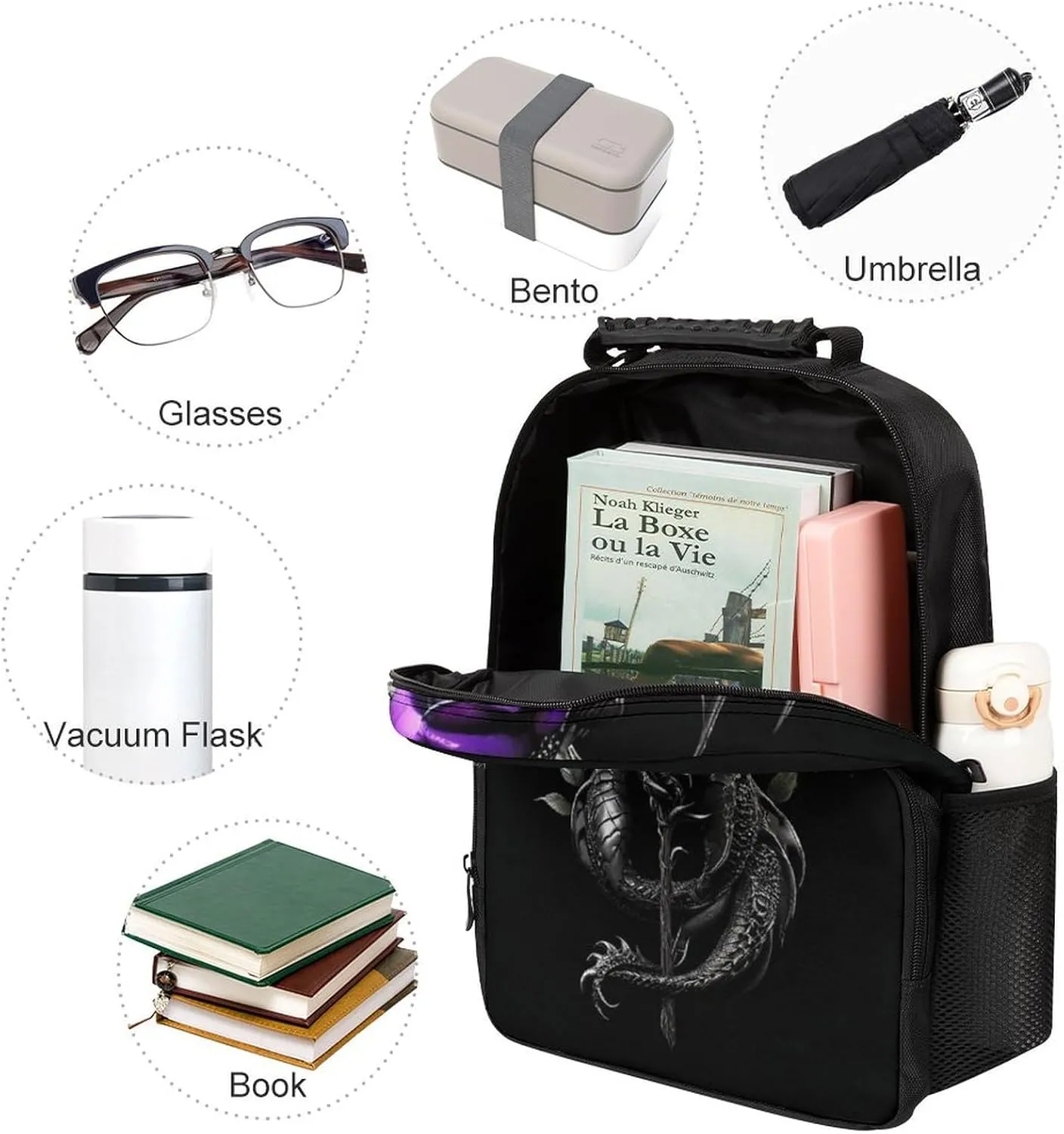 Cool Dragon Purple Rose Black Daypack Lightweight Multipurpose Anti-Theft Shoulder Bag Large Capacity Laptop Book Bag Rucksack With Adjustable Shoulder Straps