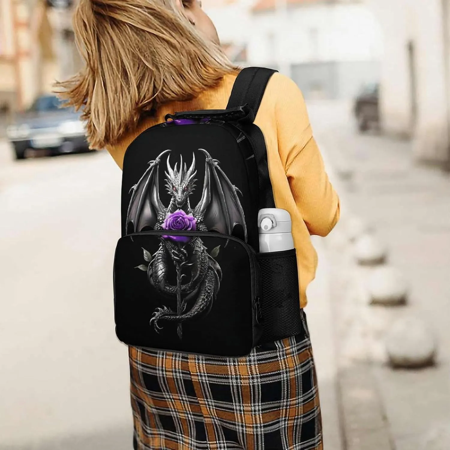 Cool Dragon Purple Rose Black Daypack Lightweight Multipurpose Anti-Theft Shoulder Bag Large Capacity Laptop Book Bag Rucksack With Adjustable Shoulder Straps