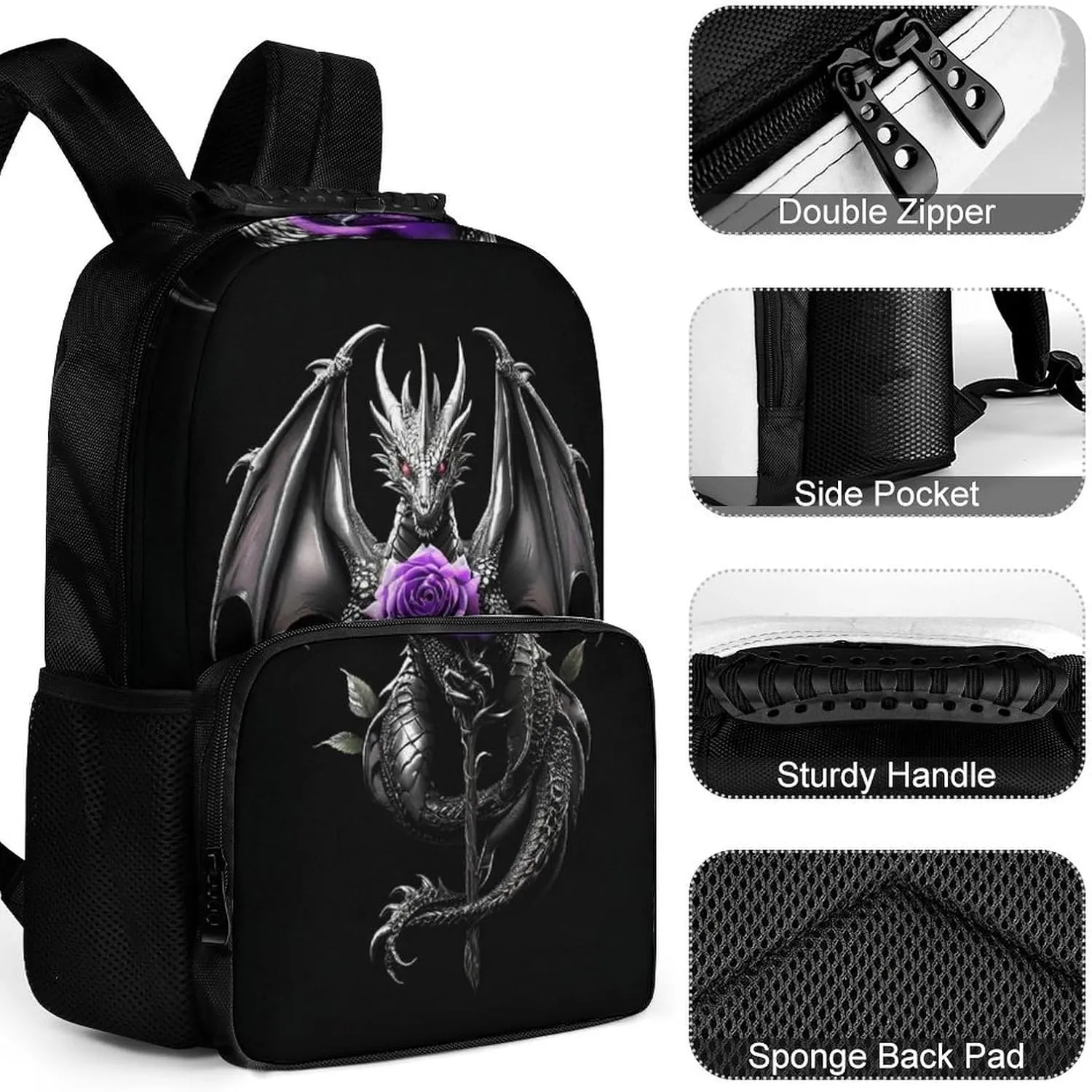 Cool Dragon Purple Rose Black Daypack Lightweight Multipurpose Anti-Theft Shoulder Bag Large Capacity Laptop Book Bag Rucksack With Adjustable Shoulder Straps
