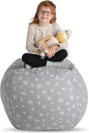 Creative QT Stuff ’n Sit Extra Large 38’’ Bean Bag Storage Cover for Stuffed Animals & Toys, Giant Bean Bag Chair for Toddler & Kids Bedroom Organizer, Gray Dandelion, Stuffed Animal Storage Cover