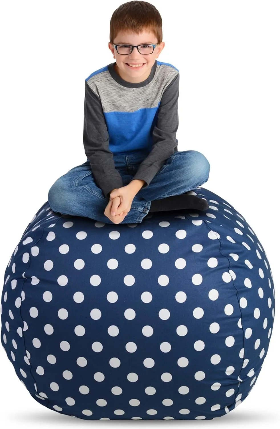 Creative QT Stuff ’n Sit Extra Large 38’’ Bean Bag Storage Cover for Stuffed Animals & Toys, Giant Beanbag Chair for Plush, Toddler & Kids Rooms Bedroom Organizer, Navy Polka Dot