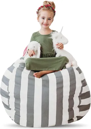 Creative QT Stuff ’n Sit Extra Large 38’’ Stuffed Animal Bean Bag Storage Cover for Toys, Giant Bean Bag Chair for Plush, Toddler & Kids Bedroom Organizer, Grey/White Striped