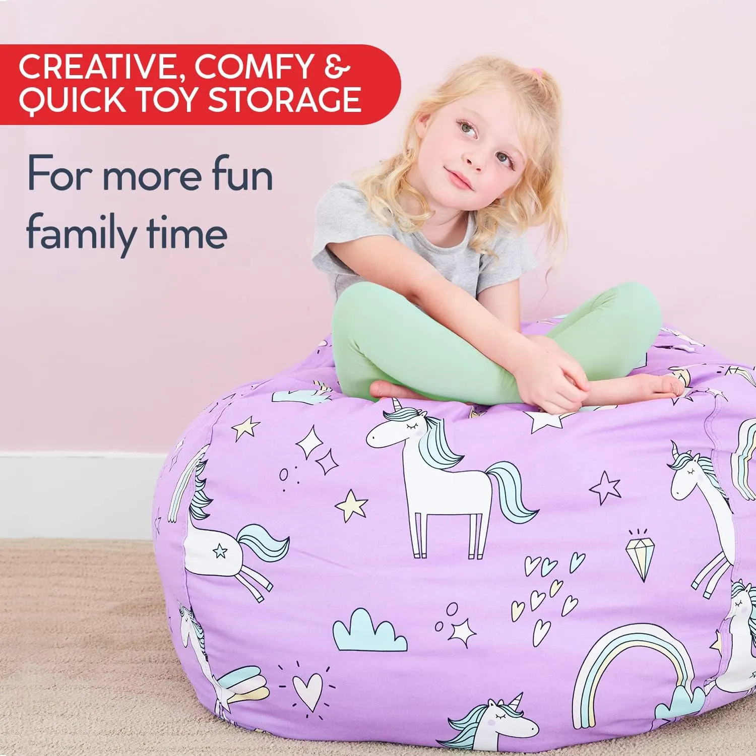 Creative QT Stuff ’n Sit Extra Large 38’’ Stuffed Animal Bean Bag Storage Cover for Toys, Giant Bean Bag Chair for Toddlers - Kids Bedroom Organizer - Pink/White Stripe - Stuffed Animal Storage Cover