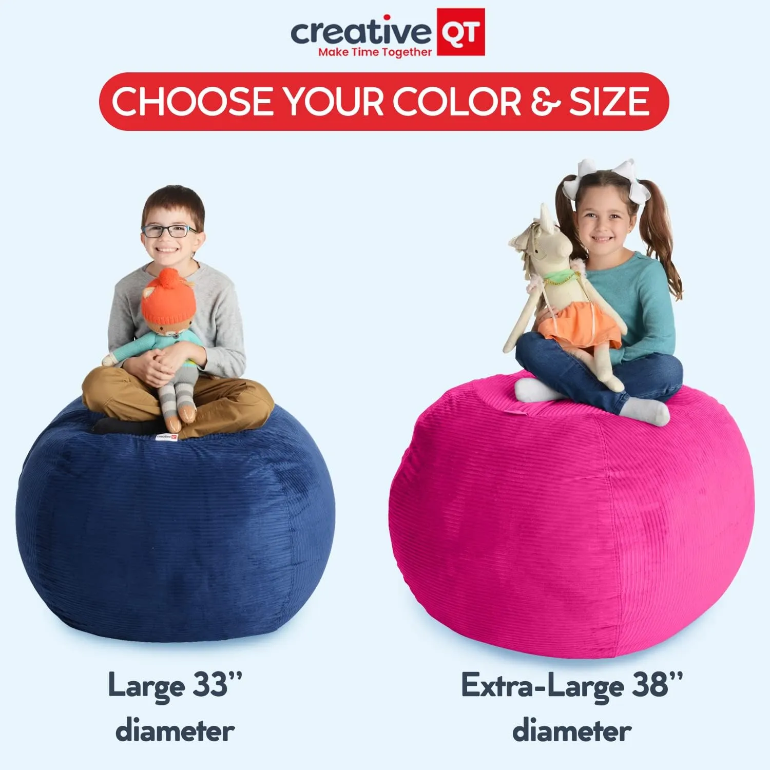 Creative QT Stuff ’n Sit Extra Large 38’’ Stuffed Animal Bean Bag Storage Cover for Toys, Giant Bean Bag Chair for Toddlers - Kids Bedroom Organizer - Pink/White Stripe - Stuffed Animal Storage Cover