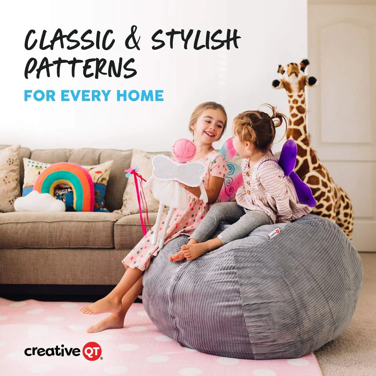 Creative QT Stuff ’n Sit Extra Large 38’’ Stuffed Animal Bean Bag Storage Cover for Toys, Giant Bean Bag Chair for Toddlers - Kids Bedroom Organizer - Pink/White Stripe - Stuffed Animal Storage Cover