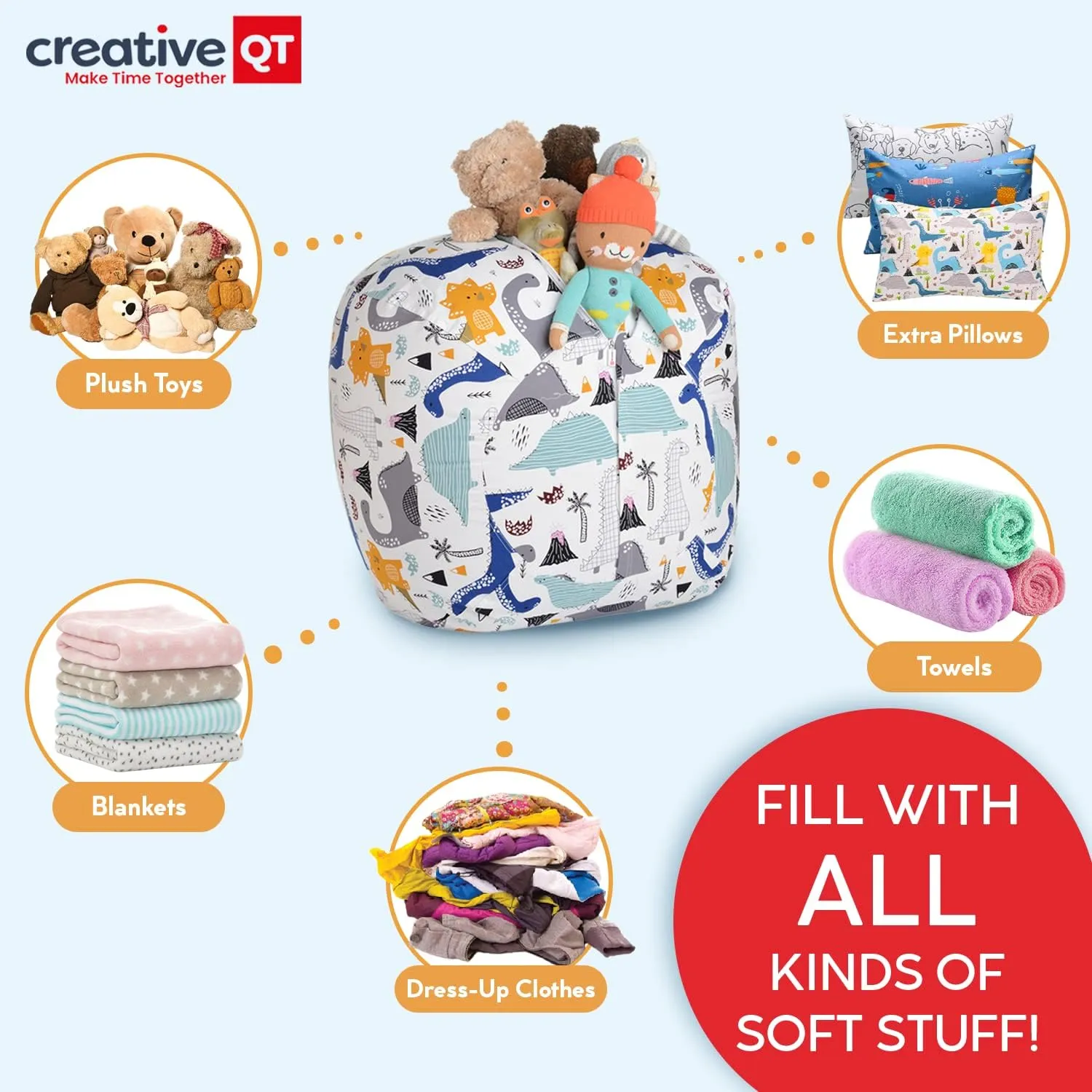 Creative QT Stuff ’n Sit Extra Large 38’’ Stuffed Animal Bean Bag Storage Cover for Toys, Giant Bean Bag Chair for Toddlers - Kids Bedroom Organizer - Pink/White Stripe - Stuffed Animal Storage Cover