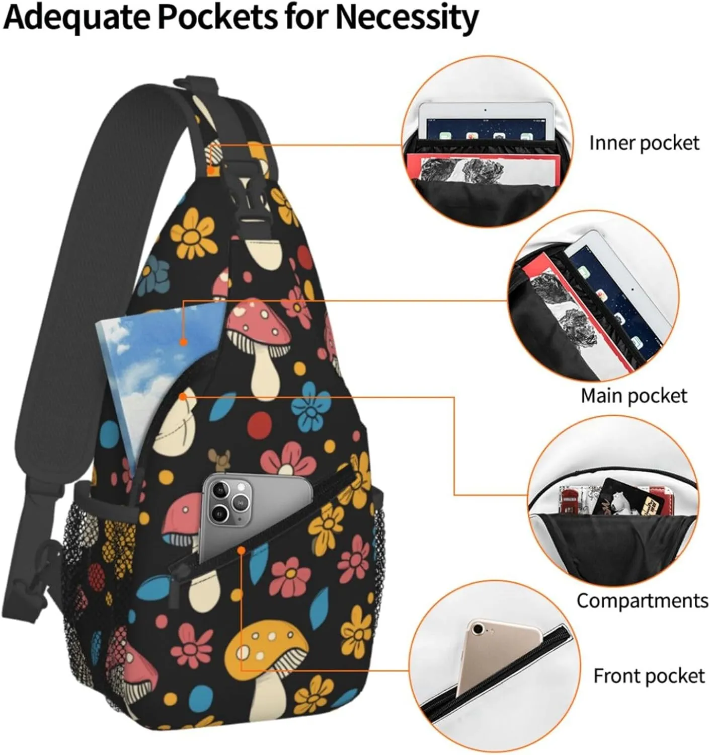 Crossbody Bags For Women Men Mushroom Flowers Sling Backpack Chest Shoulder Bag Gym Cycling Travel Hiking Daypack