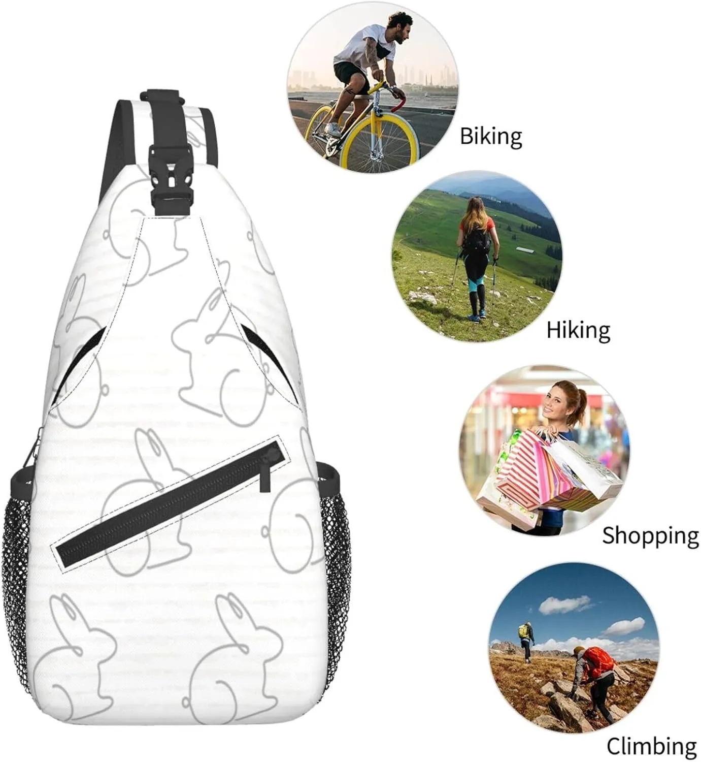 Crossbody Sling Bag for Men Women, Rabbit White Sling Backpack Shoulder Chest Bag, Anti Theft Travel Hiking Daypacks