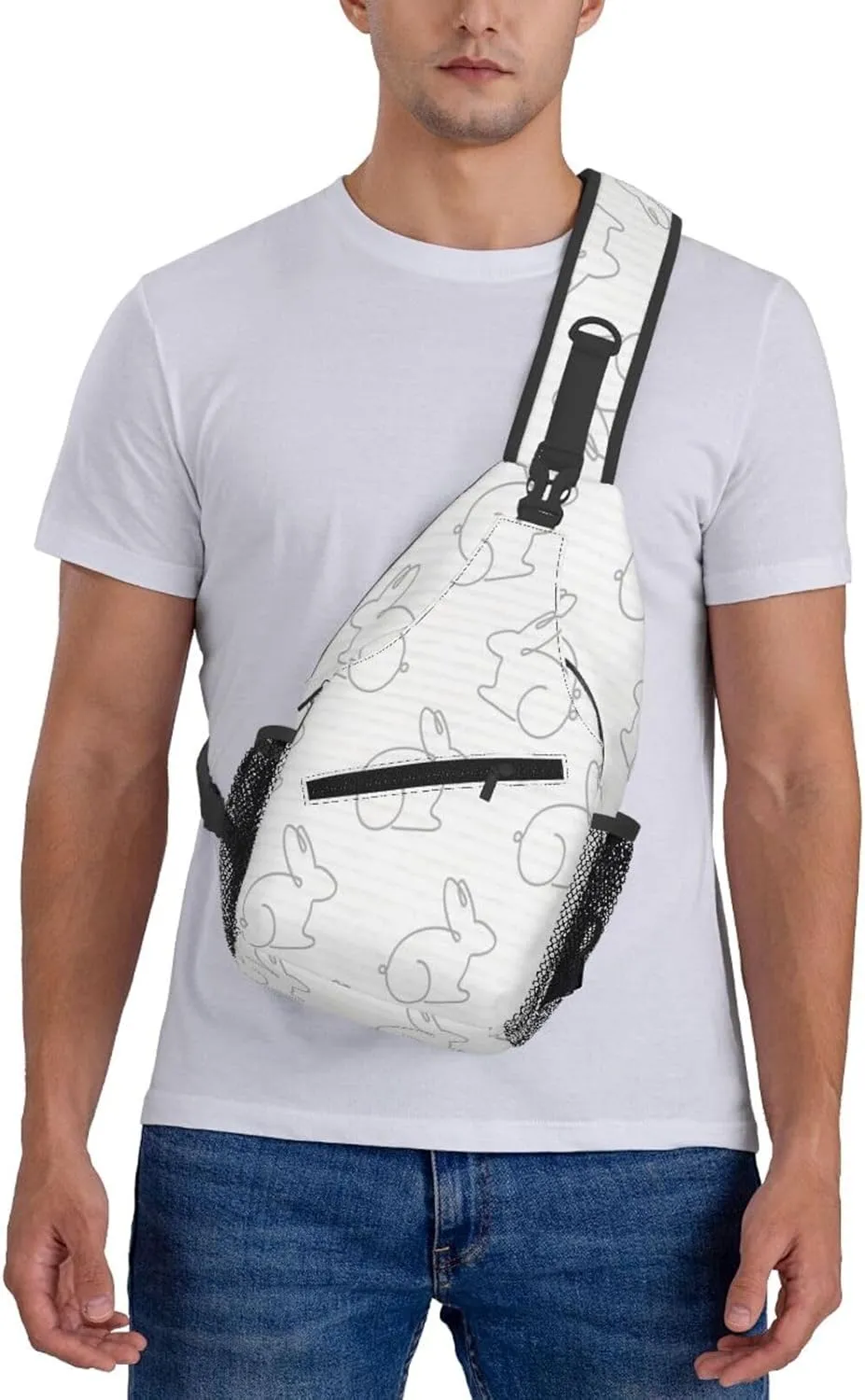 Crossbody Sling Bag for Men Women, Rabbit White Sling Backpack Shoulder Chest Bag, Anti Theft Travel Hiking Daypacks