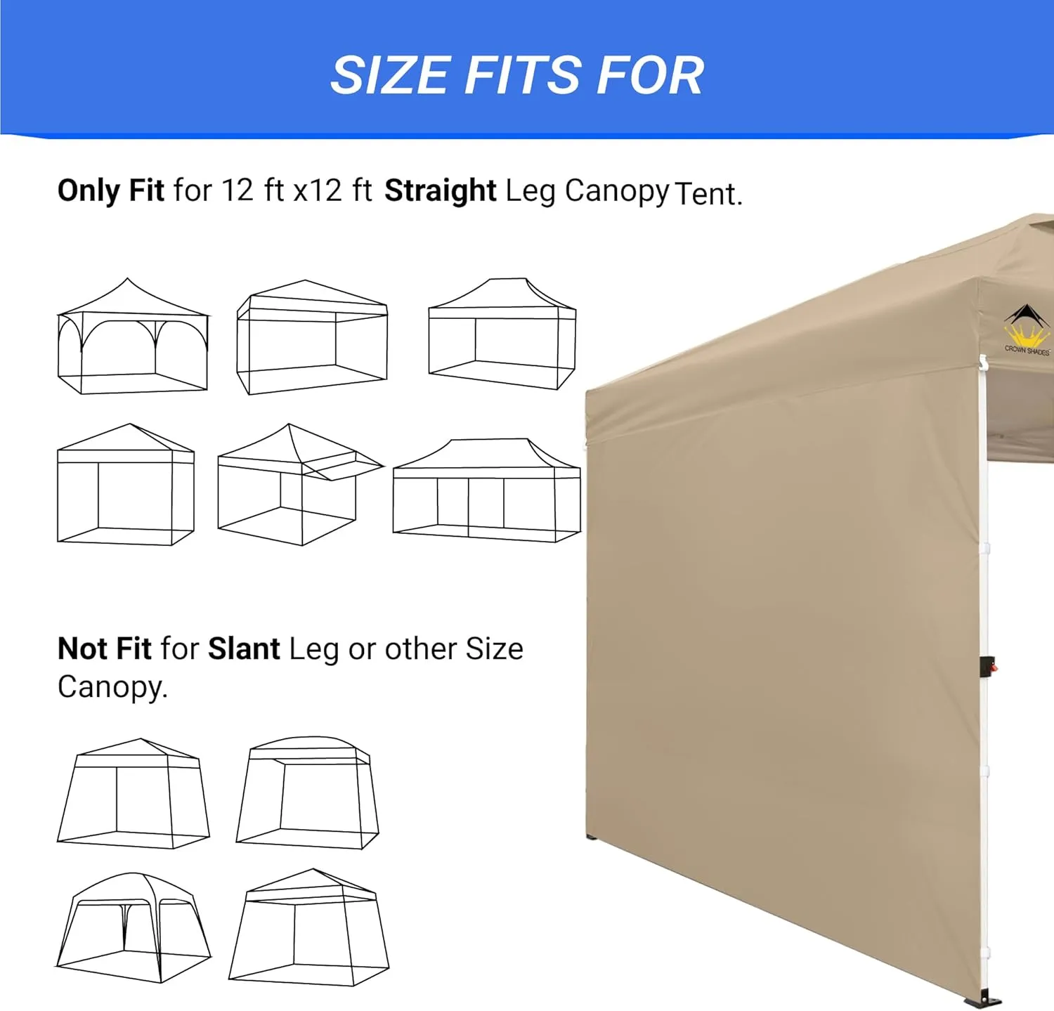 CROWN SHADES SunWall Silver Coated for 12x12 Pop up Canopy Tent, 1 Pack Sidewall Only with Silver Coating (1 Pack, Khaki)