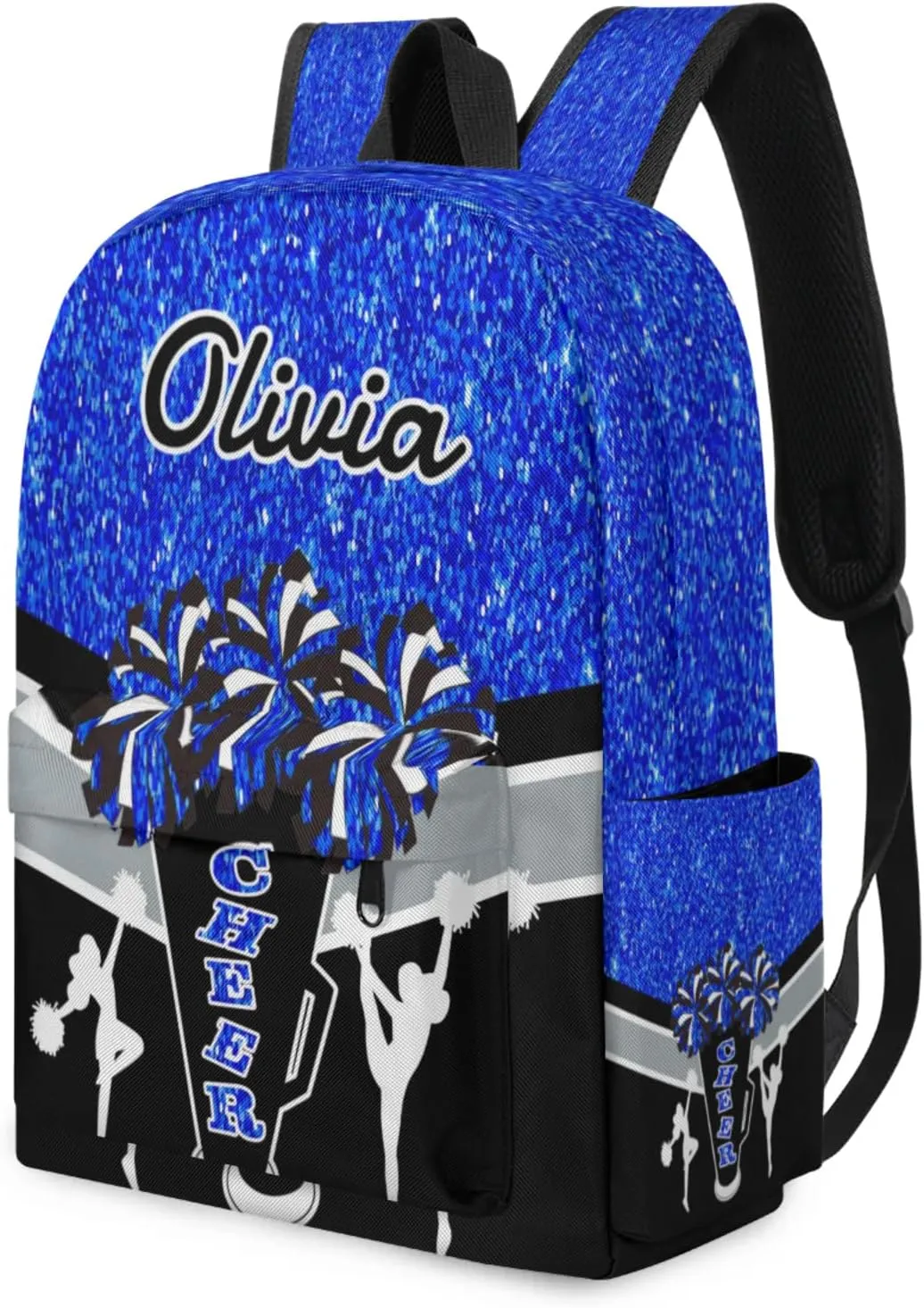 Custom Cheer Backpack for Women Cheerleaders, Personalized Waterproof Casual Daypack Bag with Name for Camping Hiking, Blue Glitter Shoulder Bag