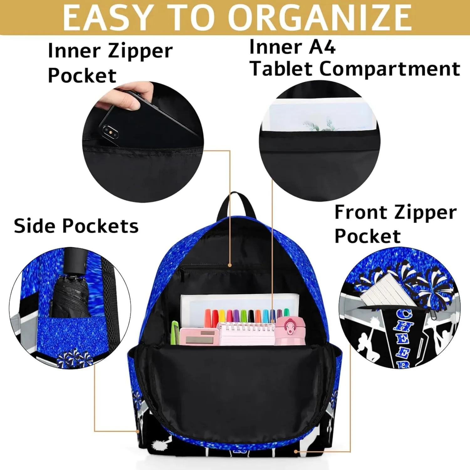 Custom Cheer Backpack for Women Cheerleaders, Personalized Waterproof Casual Daypack Bag with Name for Camping Hiking, Blue Glitter Shoulder Bag
