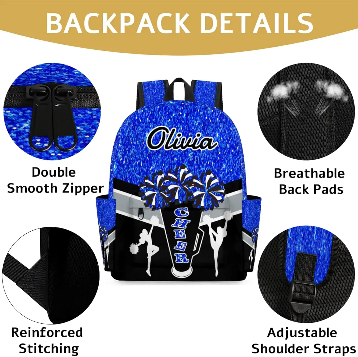 Custom Cheer Backpack for Women Cheerleaders, Personalized Waterproof Casual Daypack Bag with Name for Camping Hiking, Blue Glitter Shoulder Bag