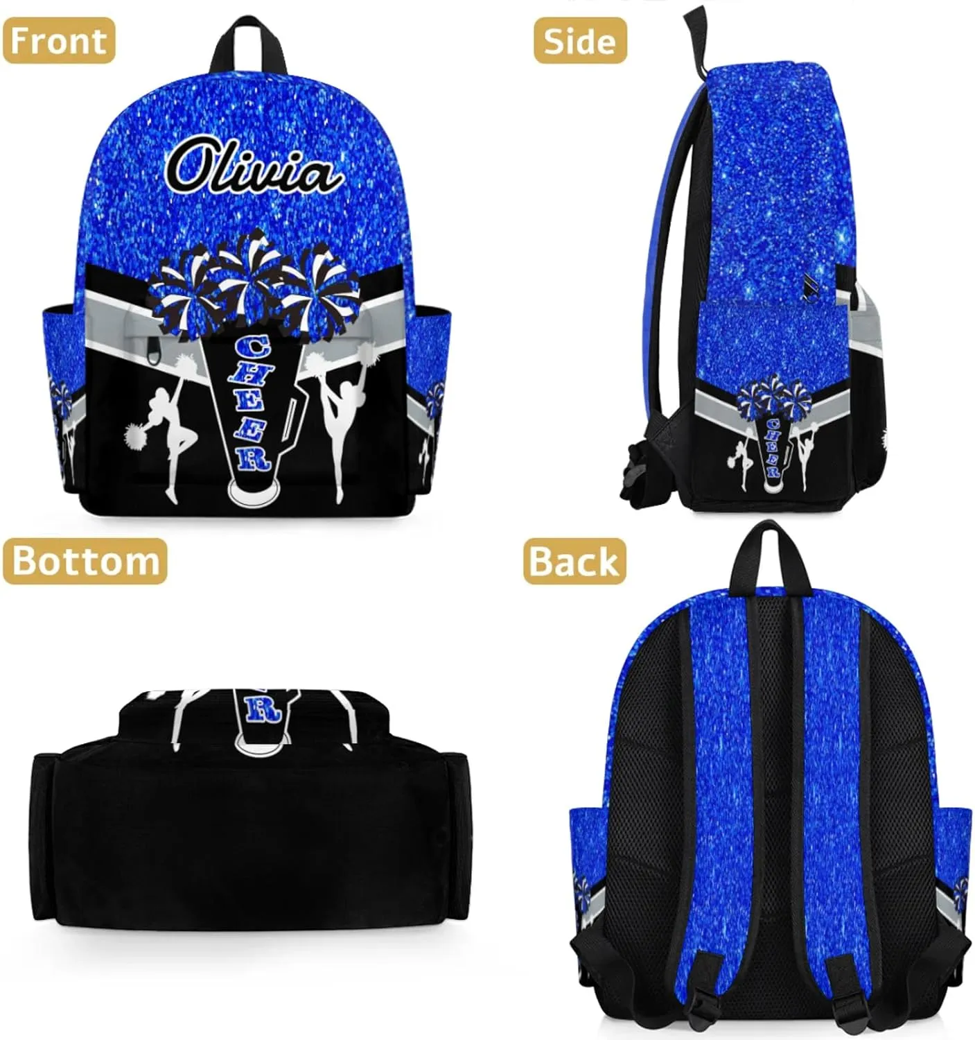 Custom Cheer Backpack for Women Cheerleaders, Personalized Waterproof Casual Daypack Bag with Name for Camping Hiking, Blue Glitter Shoulder Bag