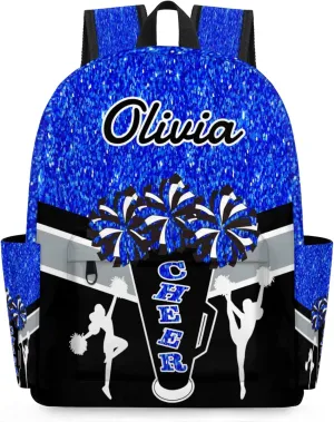 Custom Cheer Backpack for Women Cheerleaders, Personalized Waterproof Casual Daypack Bag with Name for Camping Hiking, Blue Glitter Shoulder Bag