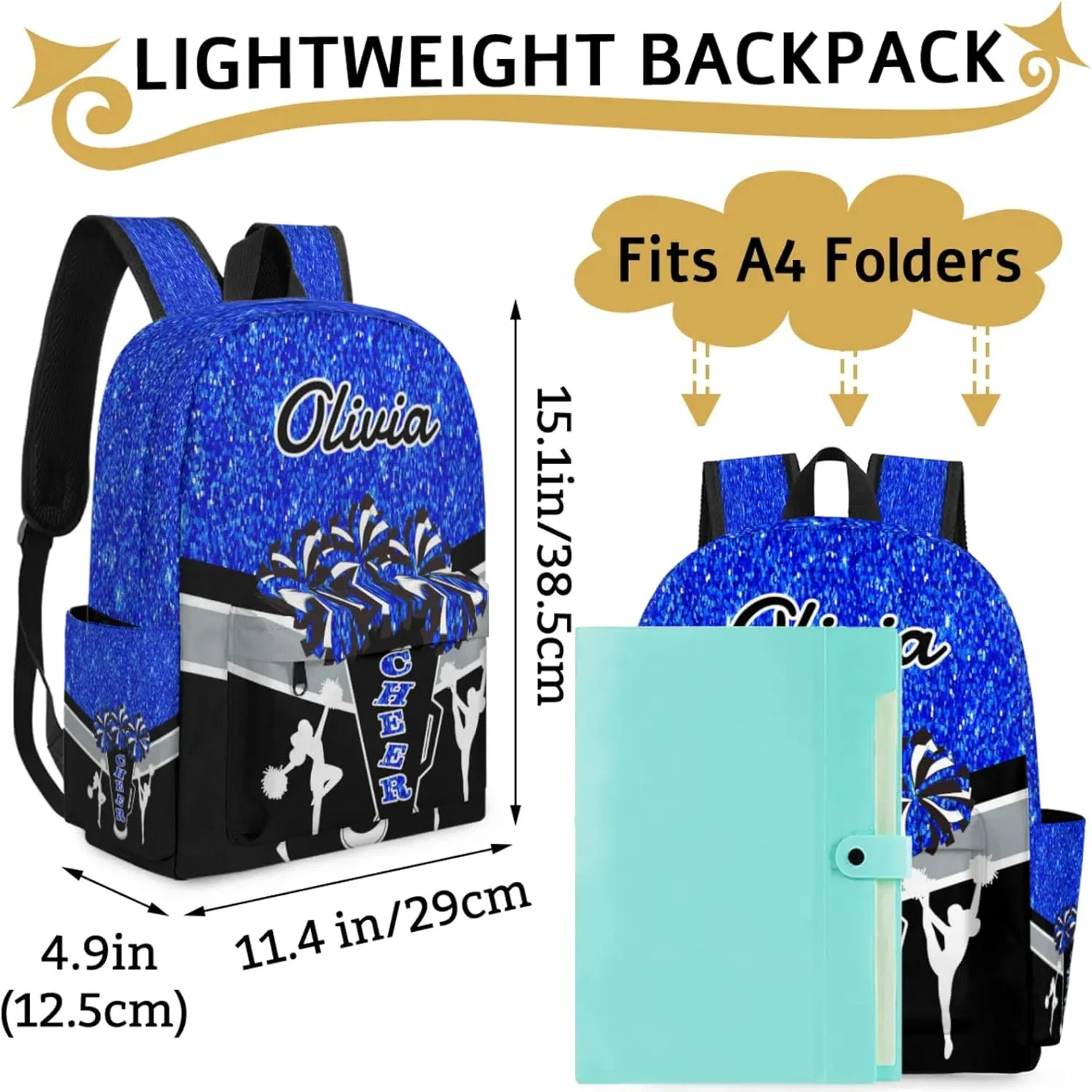 Custom Cheer Backpack for Women Cheerleaders, Personalized Waterproof Casual Daypack Bag with Name for Camping Hiking, Blue Glitter Shoulder Bag