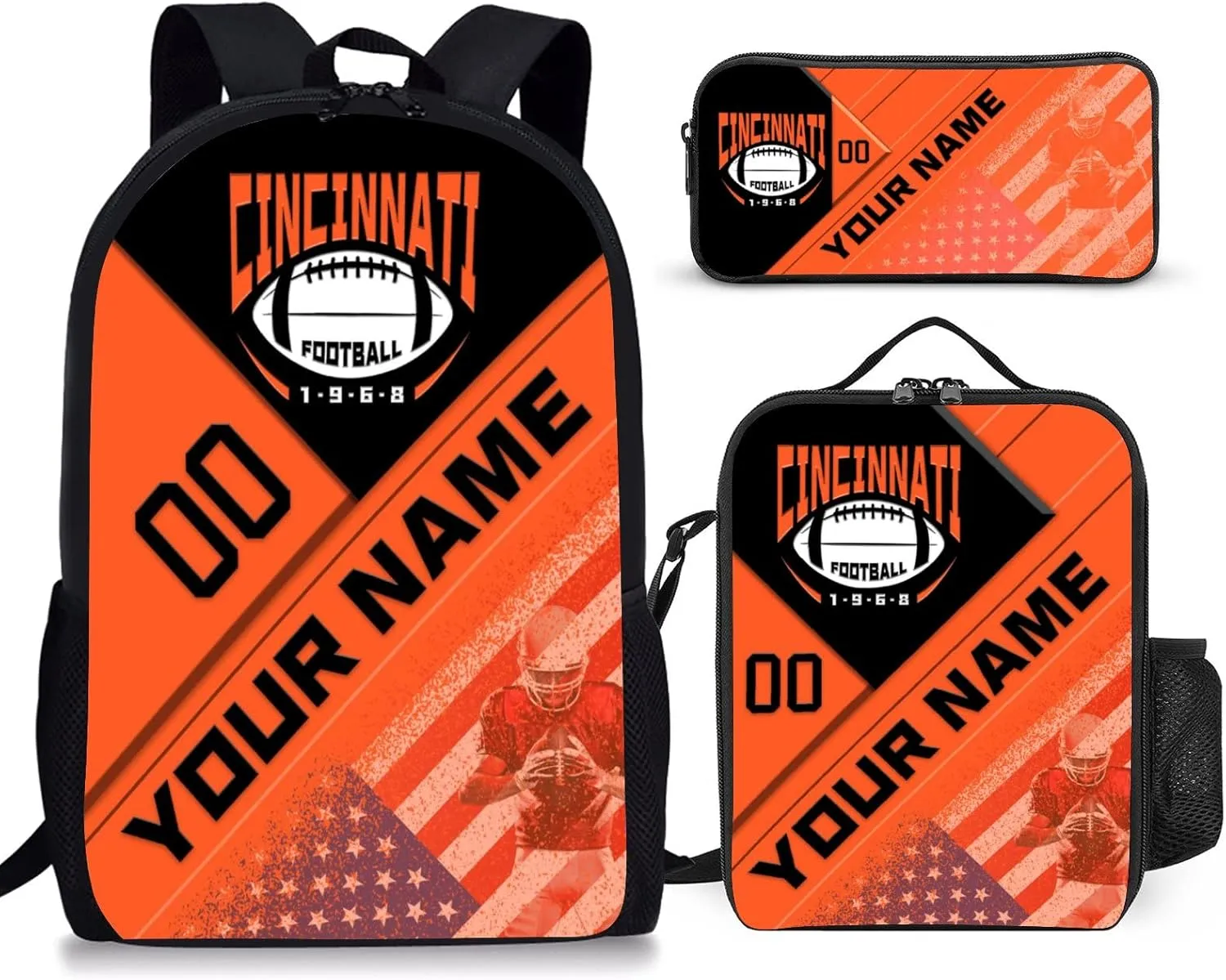 Custom Cincinnati Backpack with Lunch Bag Pencil Case Personalized Name Number 3 Piece Set Gifts for Men Women
