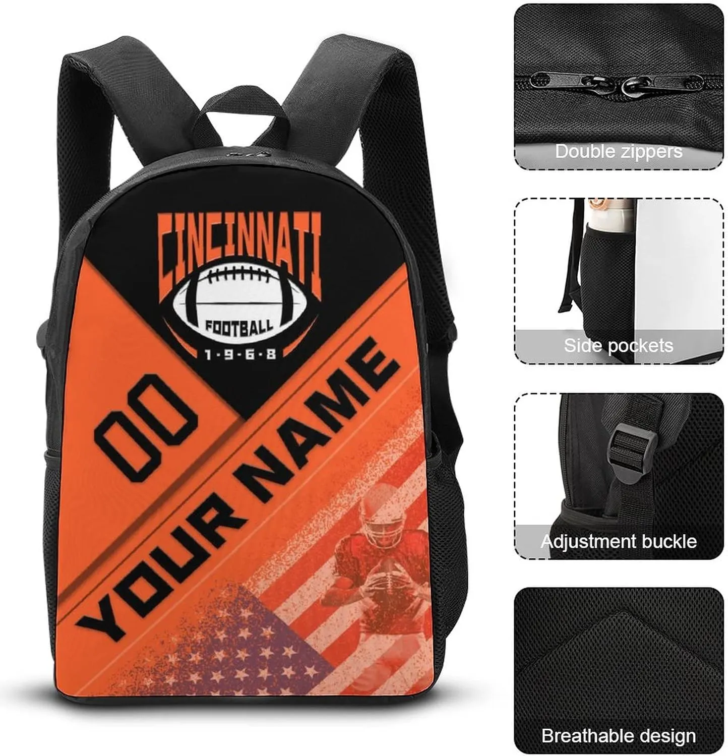 Custom Cincinnati Backpack with Lunch Bag Pencil Case Personalized Name Number 3 Piece Set Gifts for Men Women