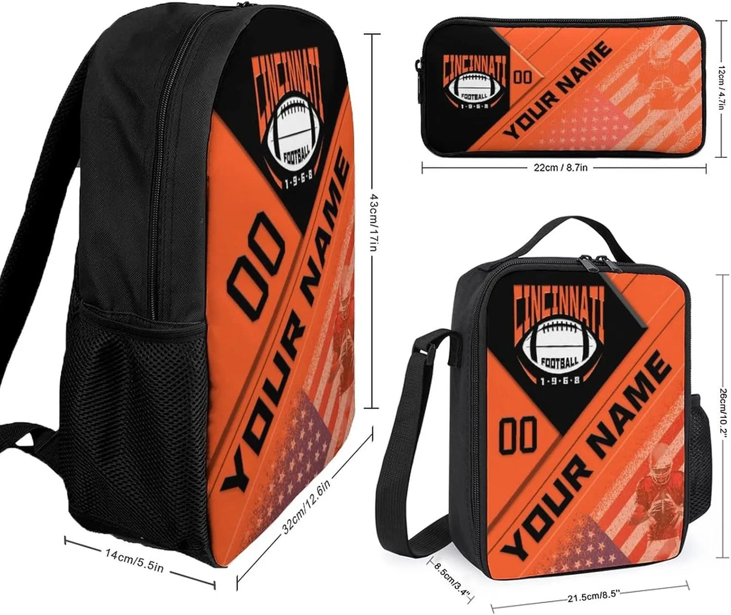 Custom Cincinnati Backpack with Lunch Bag Pencil Case Personalized Name Number 3 Piece Set Gifts for Men Women