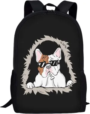 Cute Boys School Black Cool Glasses Bulldog Backpack for Elementary Student Soft Comfy Bookbag Daypack for Girls Campus Daily Outing Backpack with Side Pocket