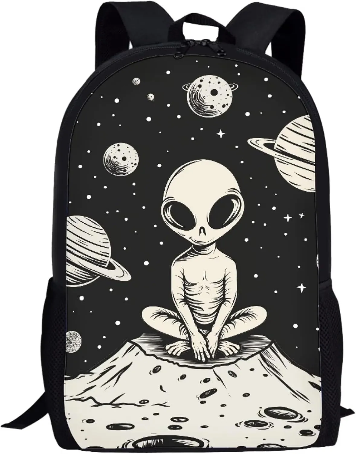 Cute Boys School Black Planet Alien Backpack for Elementary Student Soft Comfy Bookbag Daypack for Girls Campus Daily Outing Backpack with Side Pocket