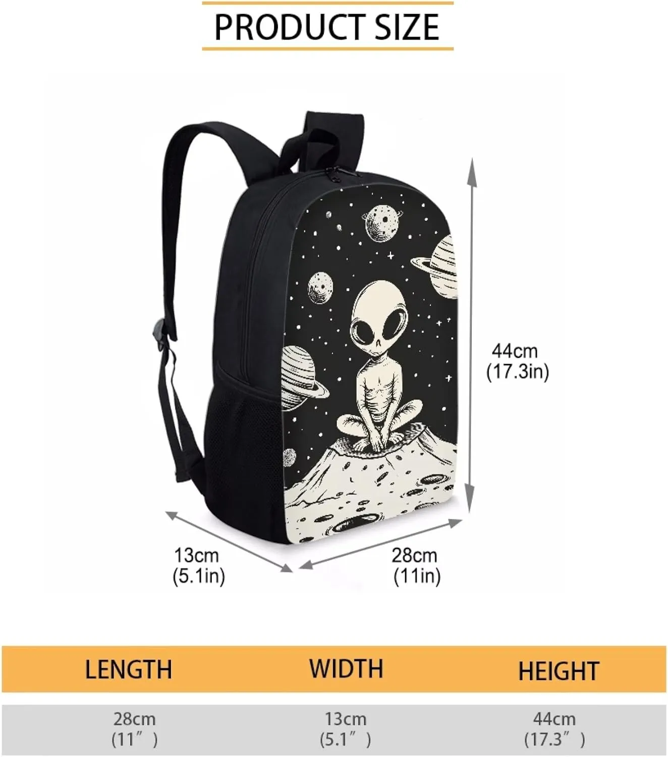 Cute Boys School Black Planet Alien Backpack for Elementary Student Soft Comfy Bookbag Daypack for Girls Campus Daily Outing Backpack with Side Pocket