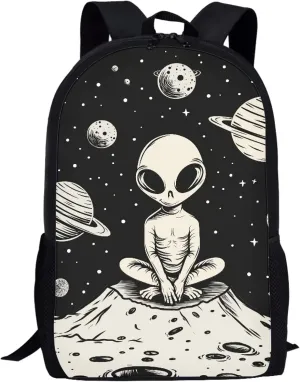 Cute Boys School Black Planet Alien Backpack for Elementary Student Soft Comfy Bookbag Daypack for Girls Campus Daily Outing Backpack with Side Pocket