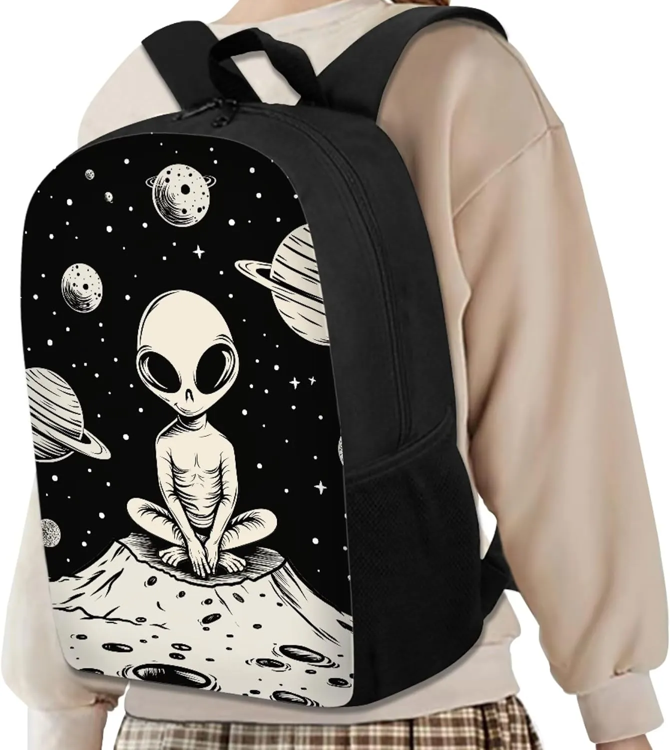 Cute Boys School Black Planet Alien Backpack for Elementary Student Soft Comfy Bookbag Daypack for Girls Campus Daily Outing Backpack with Side Pocket