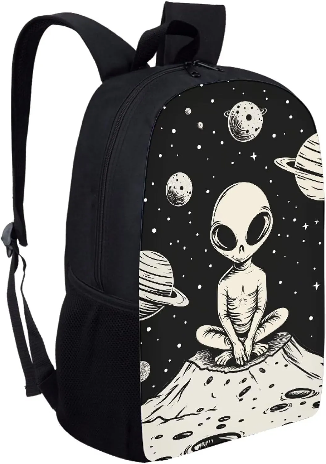 Cute Boys School Black Planet Alien Backpack for Elementary Student Soft Comfy Bookbag Daypack for Girls Campus Daily Outing Backpack with Side Pocket