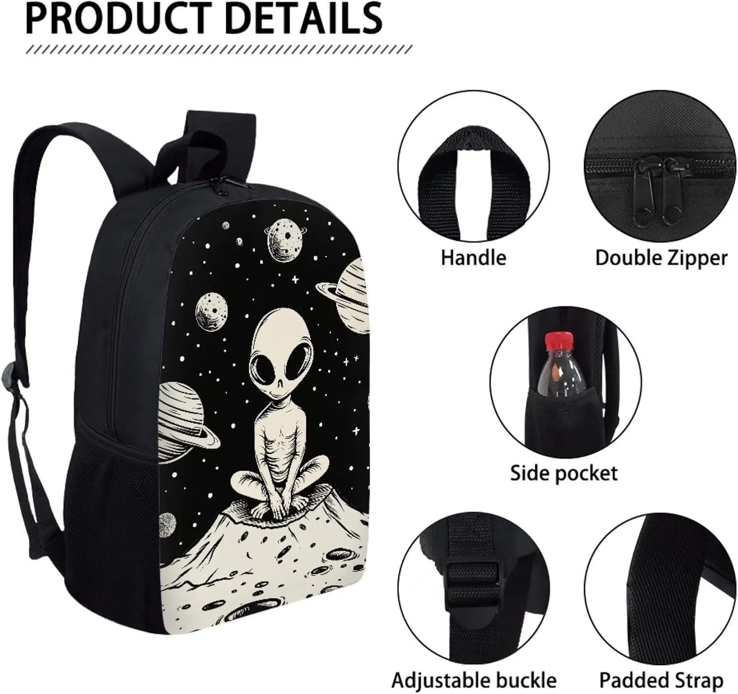 Cute Boys School Black Planet Alien Backpack for Elementary Student Soft Comfy Bookbag Daypack for Girls Campus Daily Outing Backpack with Side Pocket