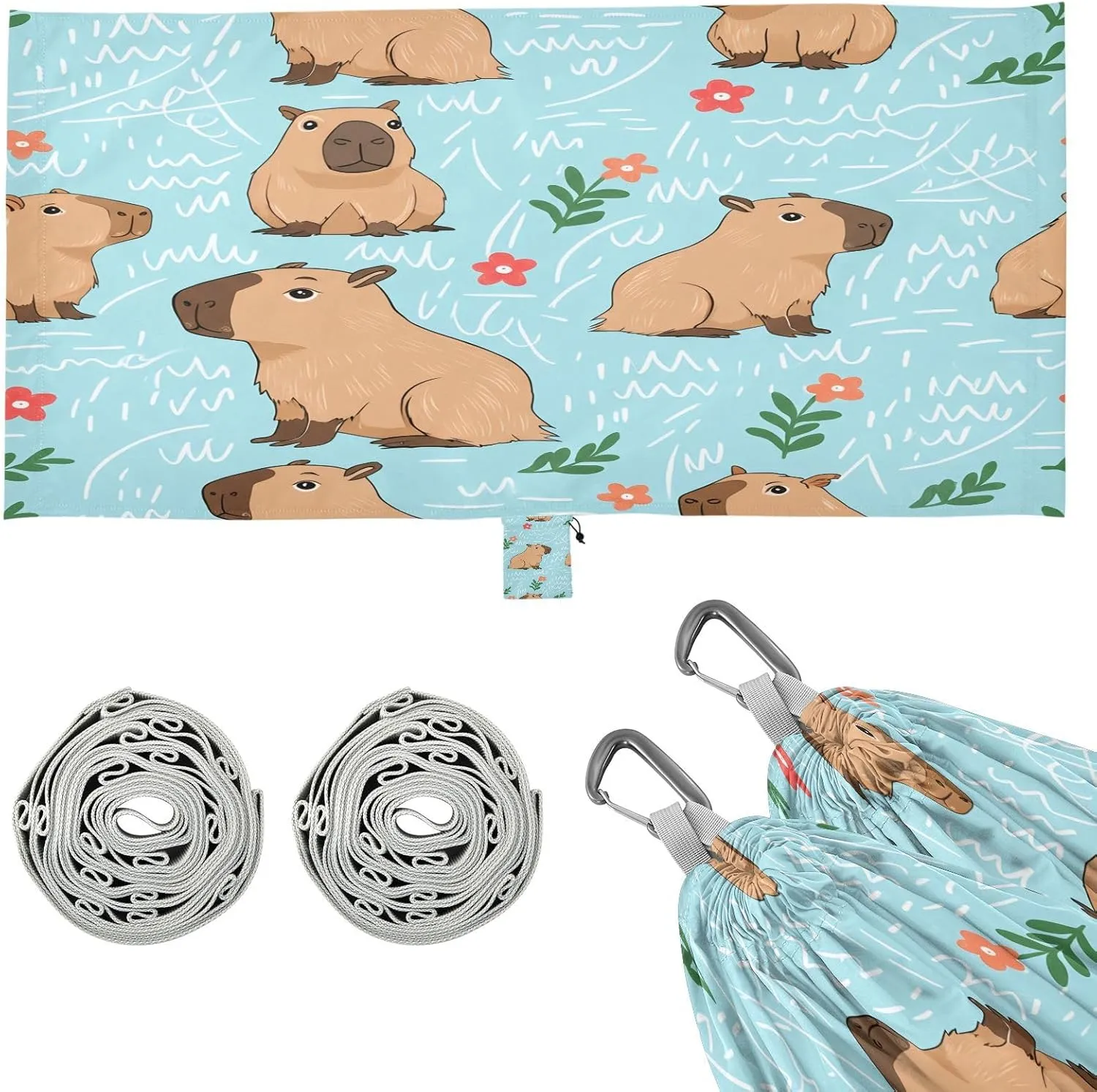 Cute Capybara Camping Hammock, 330 lbs with 2 Tree Straps, Carry Bag, Single Portable Hammock for Outdoor/Indoor, Hiking, Beach, Backpacking, Travel