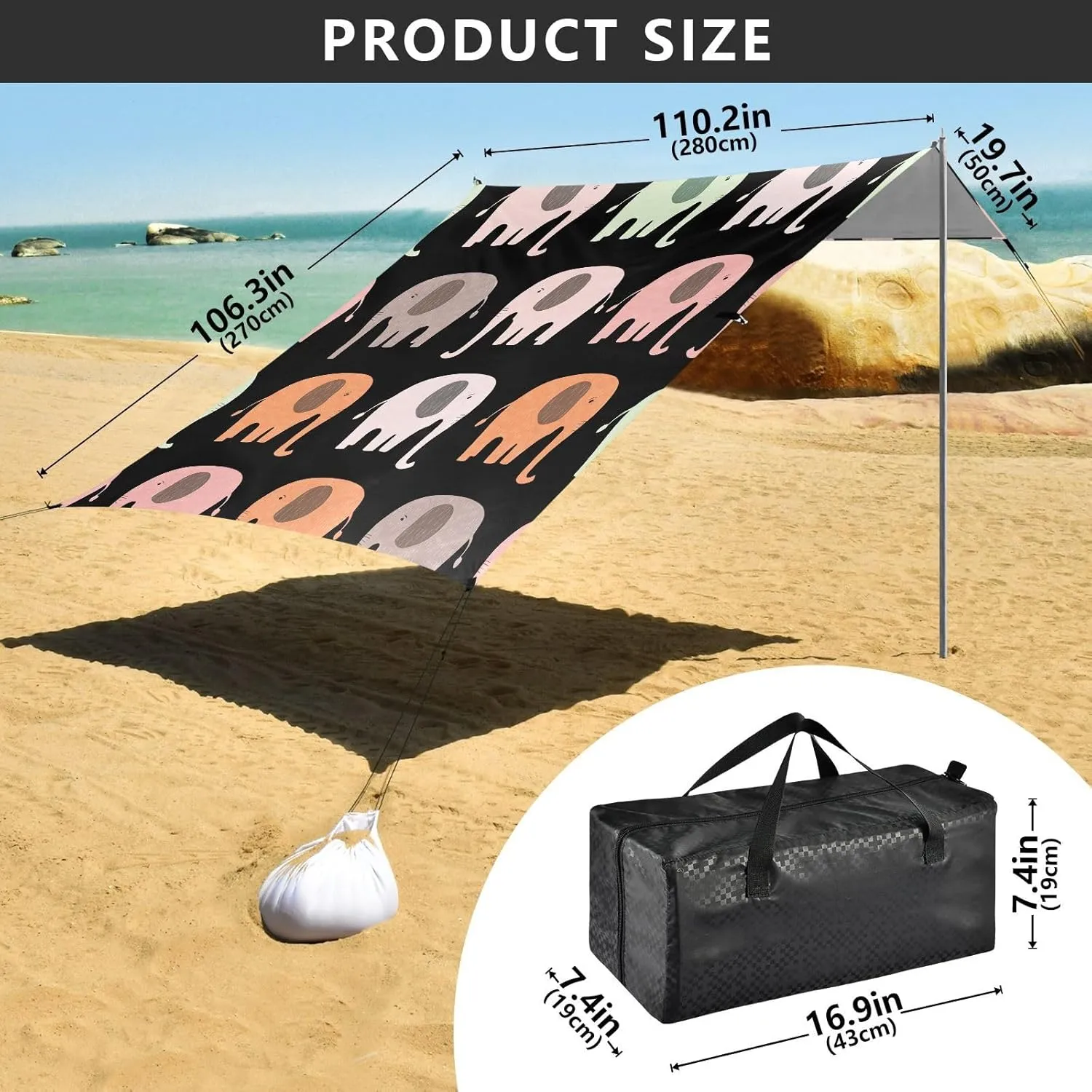 Cute Cartoon Elephants Colorful Beach Canopy Tent Patio Sun Shade Outdoor for Adults Camping Sun Shelter 9.2 × 10.5 FT Wind Sail Shade with Poles Sandbags Easy