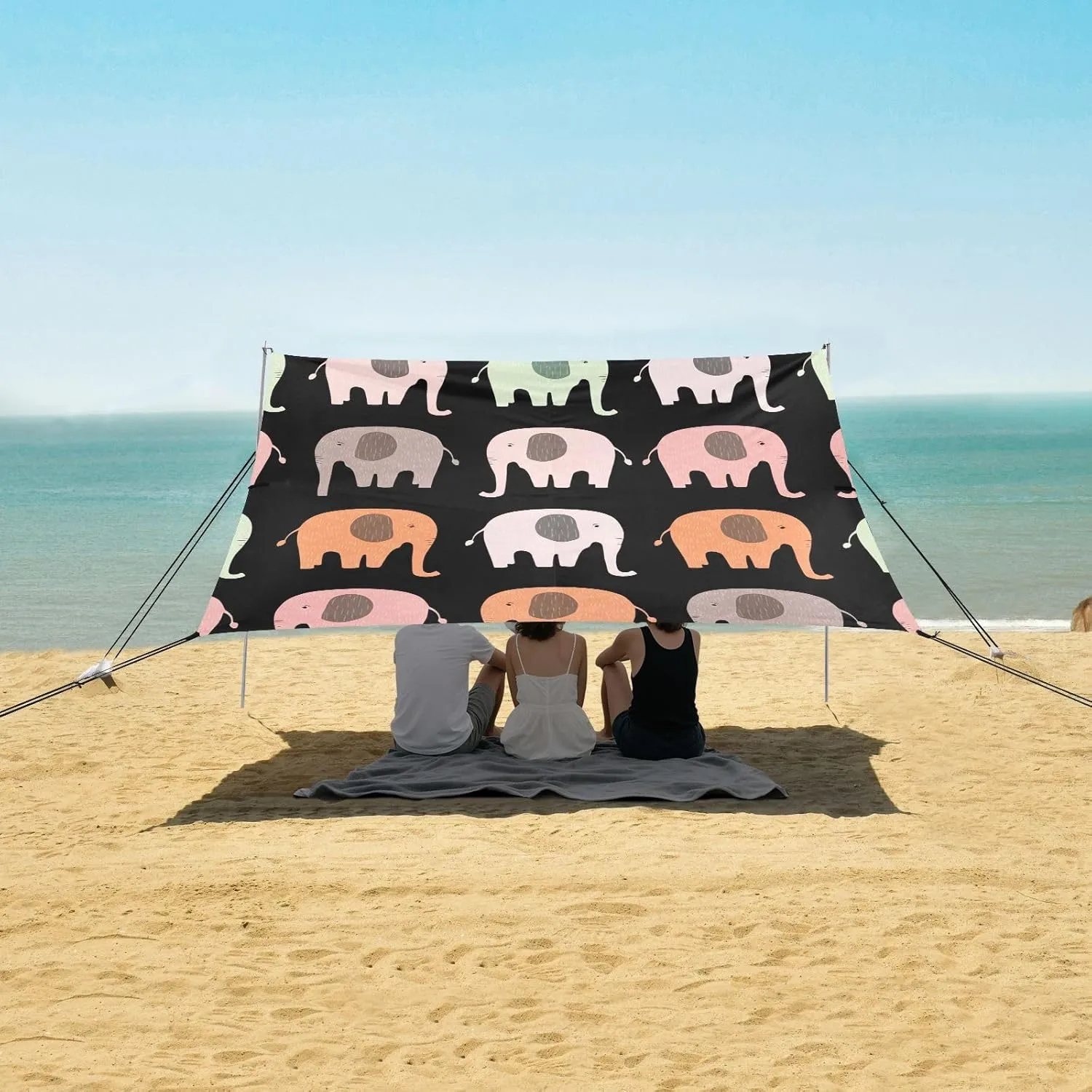 Cute Cartoon Elephants Colorful Beach Canopy Tent Patio Sun Shade Outdoor for Adults Camping Sun Shelter 9.2 × 10.5 FT Wind Sail Shade with Poles Sandbags Easy
