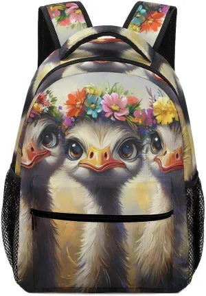 Cute Ostriches And Flower Crow Unisex Backpack Casual Daypacks Lightweight Shoulders Bag for Camping Hiking Travel Gear