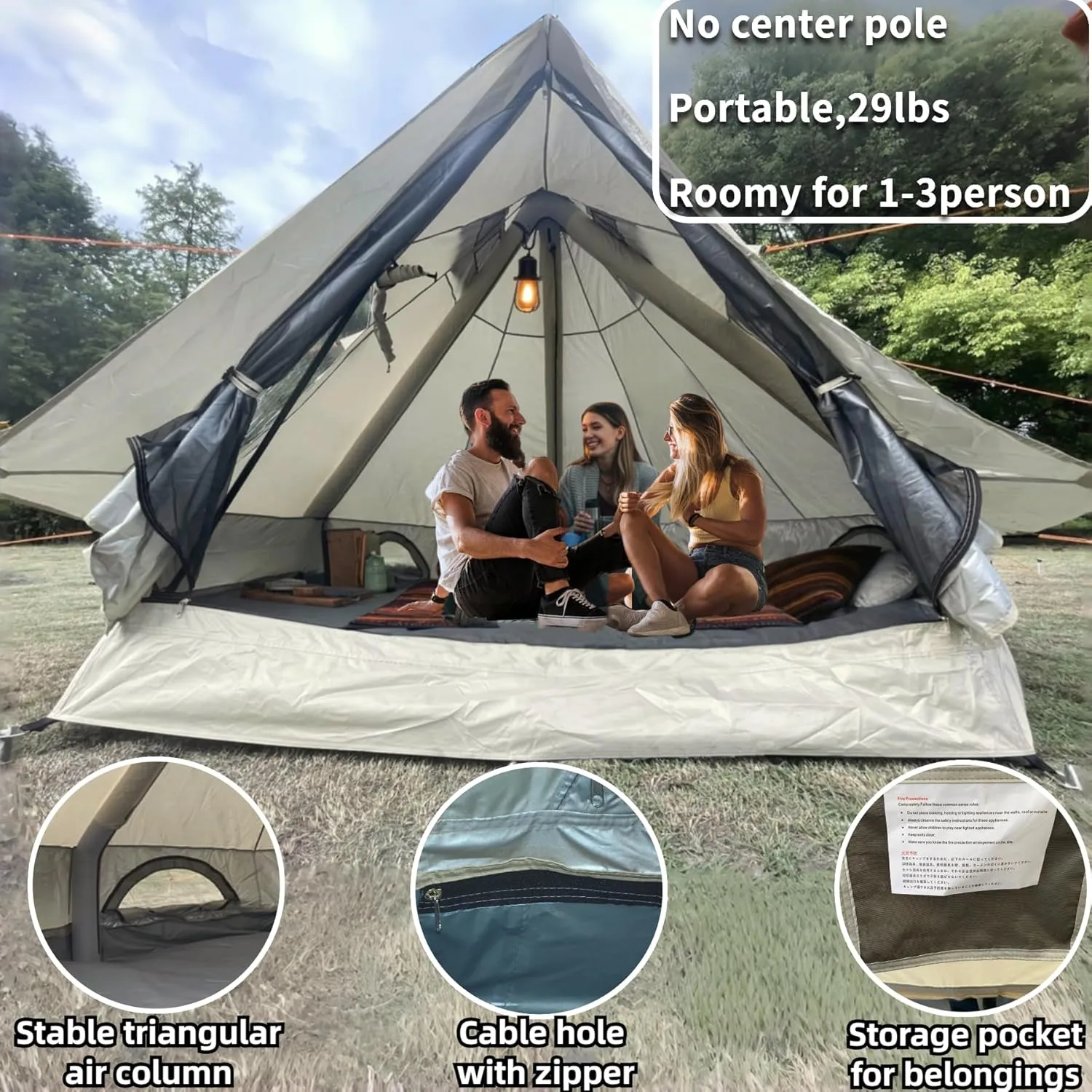 DANCHEL OUTDOOR B2I Waterproof Inflatable Camping Tent with Stove Jack for 1-3 Person, No Center Pole Portable Blow up Galmping Yurt with Pump, 300D Oxford Polyester Bell Tent Hiking, 29lbs, 3m
