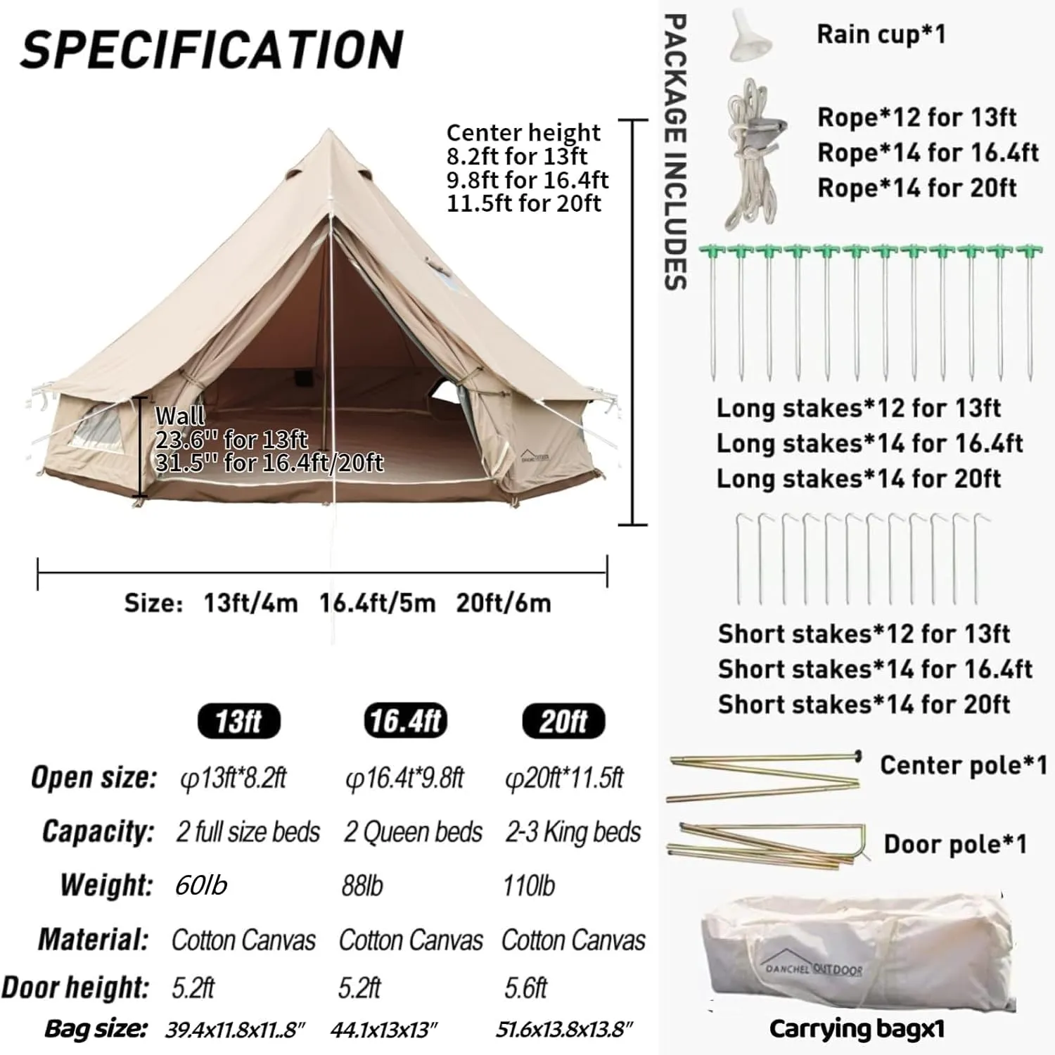 DANCHEL OUTDOOR B5PRO 4 Season Canvas Bell Tent with Stove Jack& A/C Vent, Glamping Yurt for All Year Living 4/6/8 Person Large Wall Tent Camping, 13ft-20ft