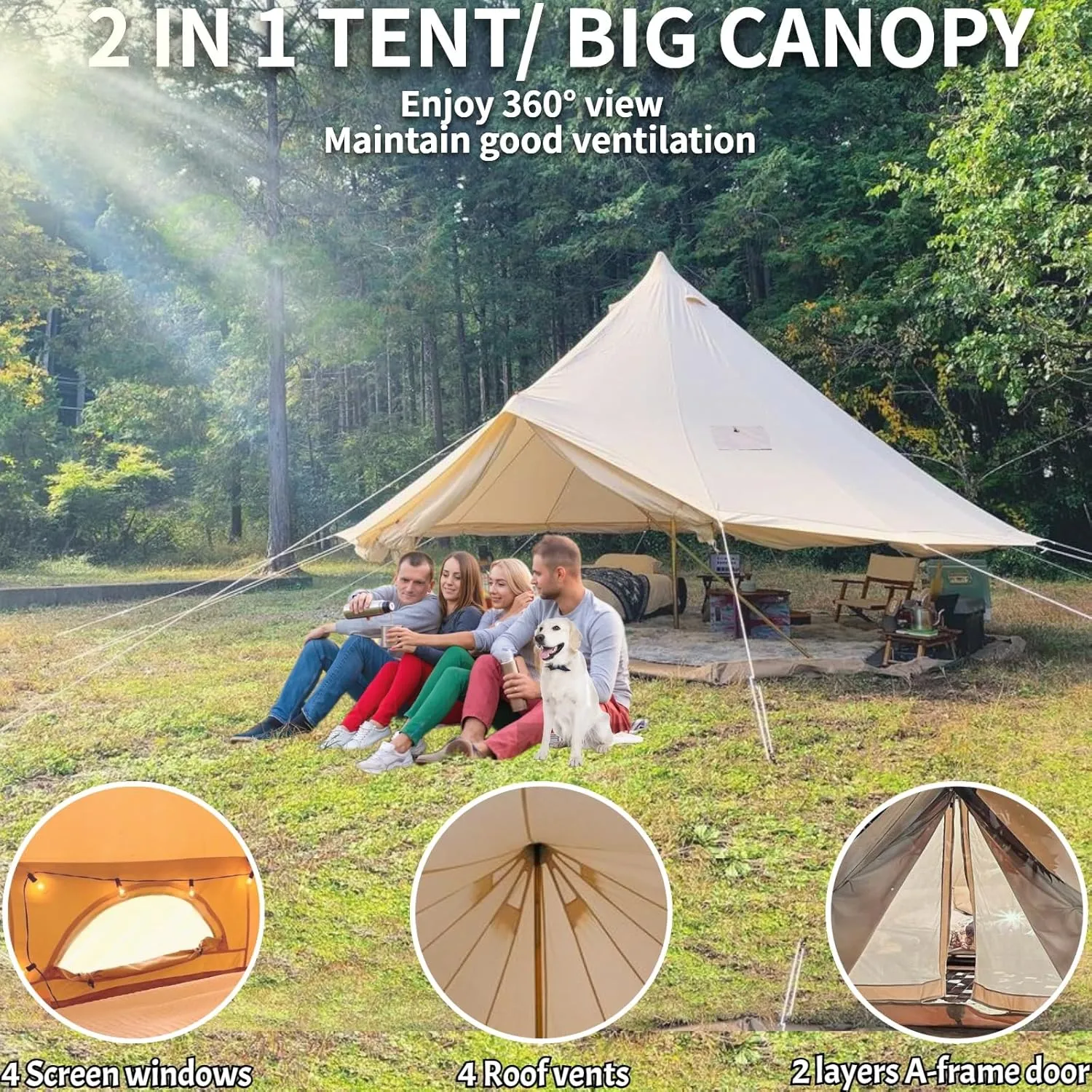 DANCHEL OUTDOOR B5PRO 4 Season Canvas Bell Tent with Stove Jack& A/C Vent, Glamping Yurt for All Year Living 4/6/8 Person Large Wall Tent Camping, 13ft-20ft