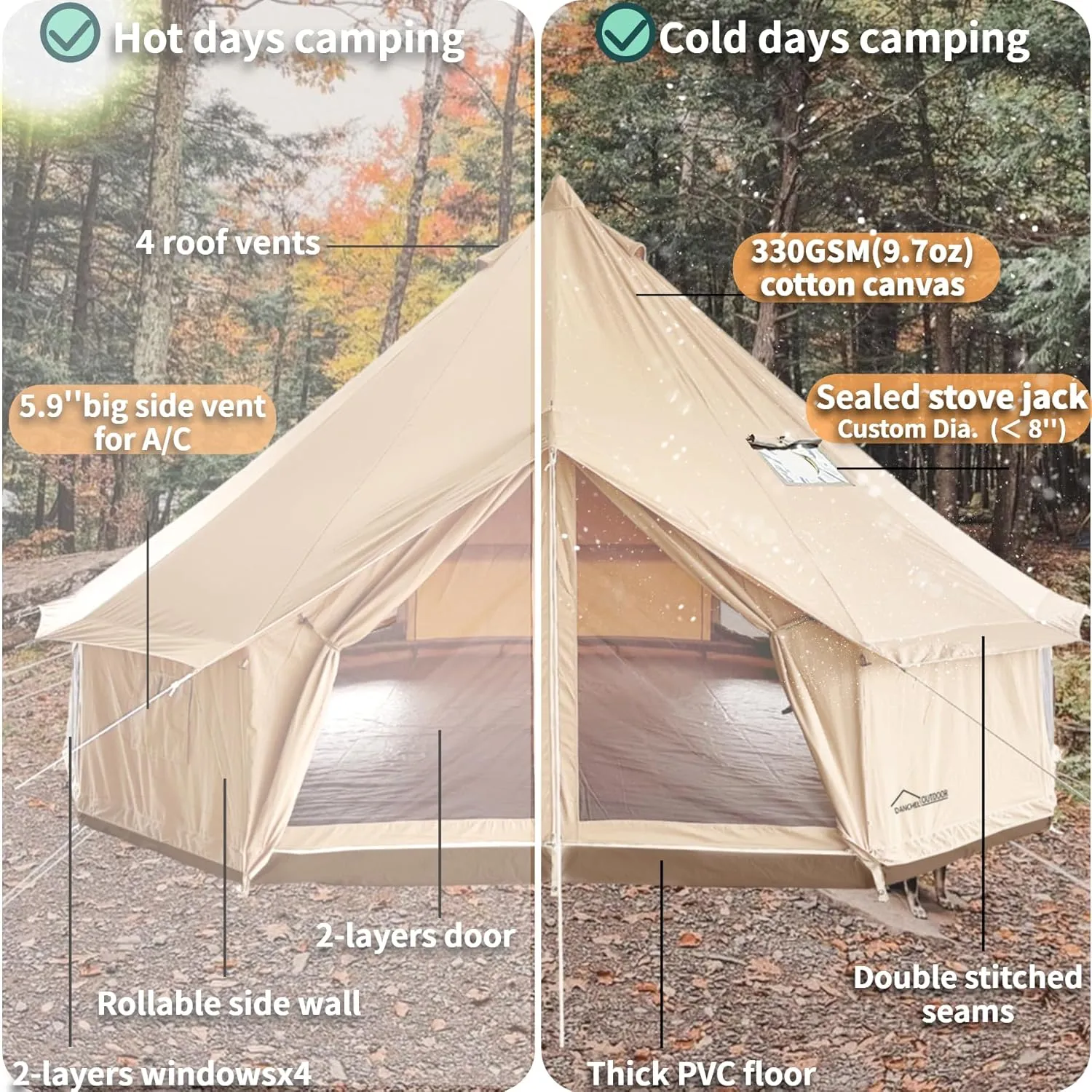 DANCHEL OUTDOOR B5PRO 4 Season Canvas Bell Tent with Stove Jack& A/C Vent, Glamping Yurt for All Year Living 4/6/8 Person Large Wall Tent Camping, 13ft-20ft