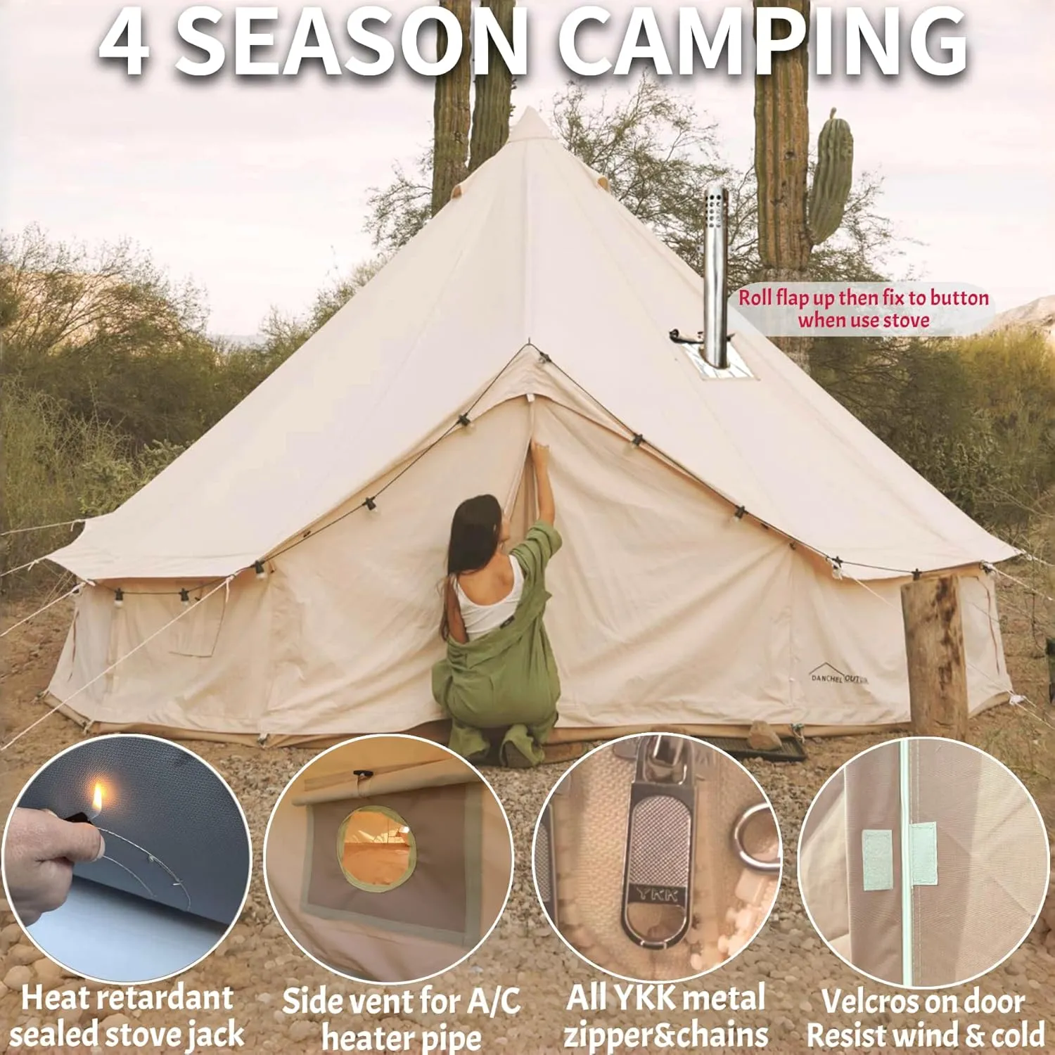 DANCHEL OUTDOOR B5PRO 4 Season Canvas Bell Tent with Stove Jack& A/C Vent, Glamping Yurt for All Year Living 4/6/8 Person Large Wall Tent Camping, 13ft-20ft