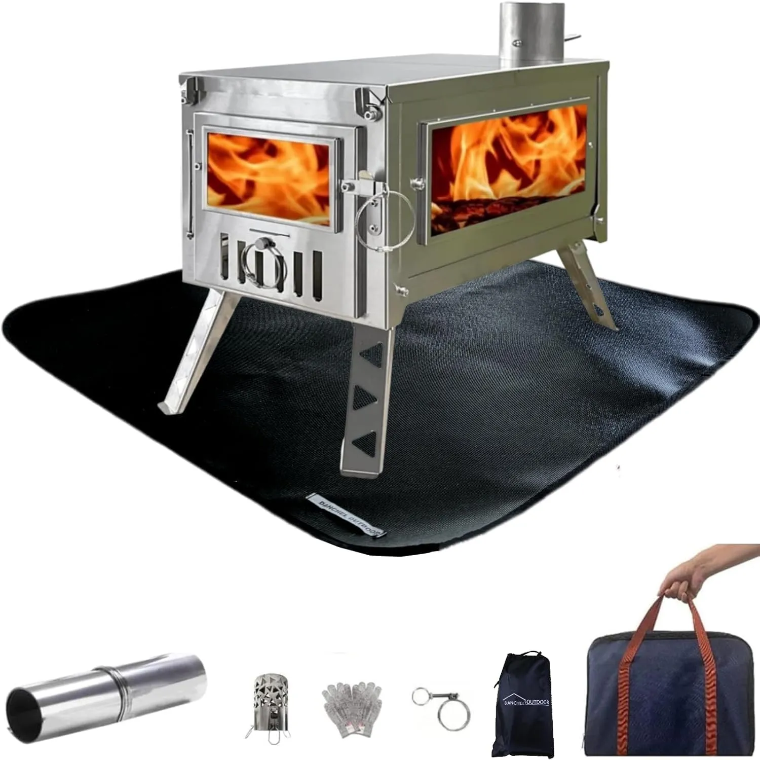 DANCHEL OUTDOOR Portable Wood Burning Stove with Fireproof Mat for Hot Tents– 304 Stainless Steel Folding Camping Stove Secondary Combustion Camping, 6.5FT Pipe