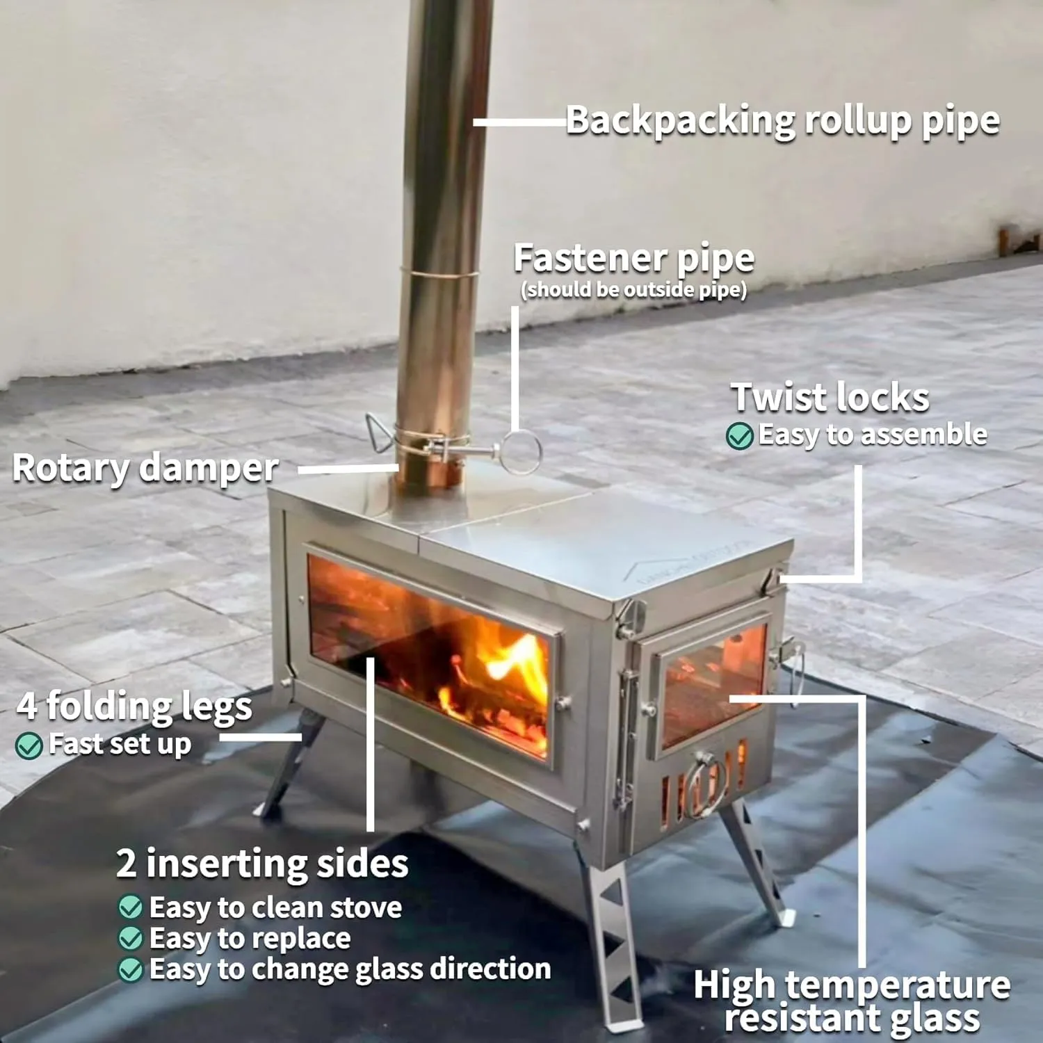 DANCHEL OUTDOOR Portable Wood Burning Stove with Fireproof Mat for Hot Tents– 304 Stainless Steel Folding Camping Stove Secondary Combustion Camping, 6.5FT Pipe