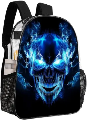 Daypack Bookbag Anti-Theft Multipurpose Large Capacity Bookbag - Blue Fire Flame Skull Travel Hiking & Camping Rucksack Transparent Bag