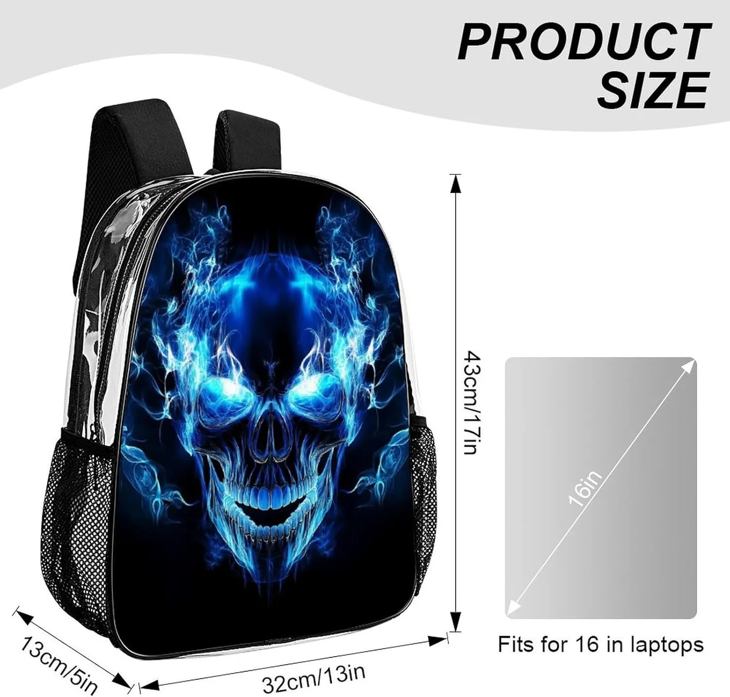 Daypack Bookbag Anti-Theft Multipurpose Large Capacity Bookbag - Blue Fire Flame Skull Travel Hiking & Camping Rucksack Transparent Bag
