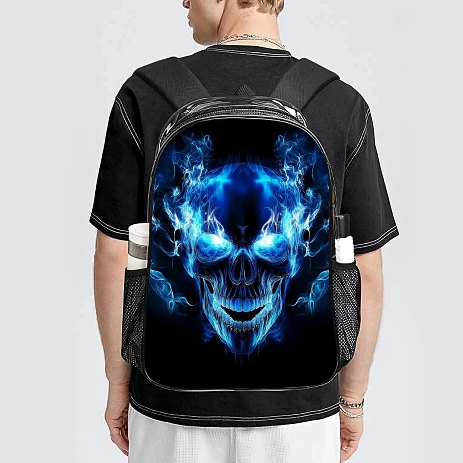 Daypack Bookbag Anti-Theft Multipurpose Large Capacity Bookbag - Blue Fire Flame Skull Travel Hiking & Camping Rucksack Transparent Bag